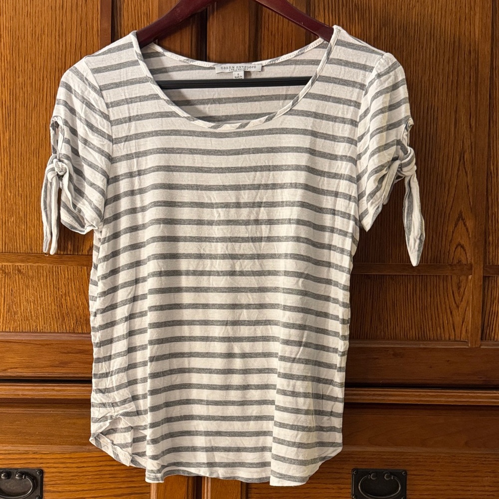 Green Envelope Striped Scoop Neck Tie/Bow Top Neutral Comfy Classic Layer Flowy